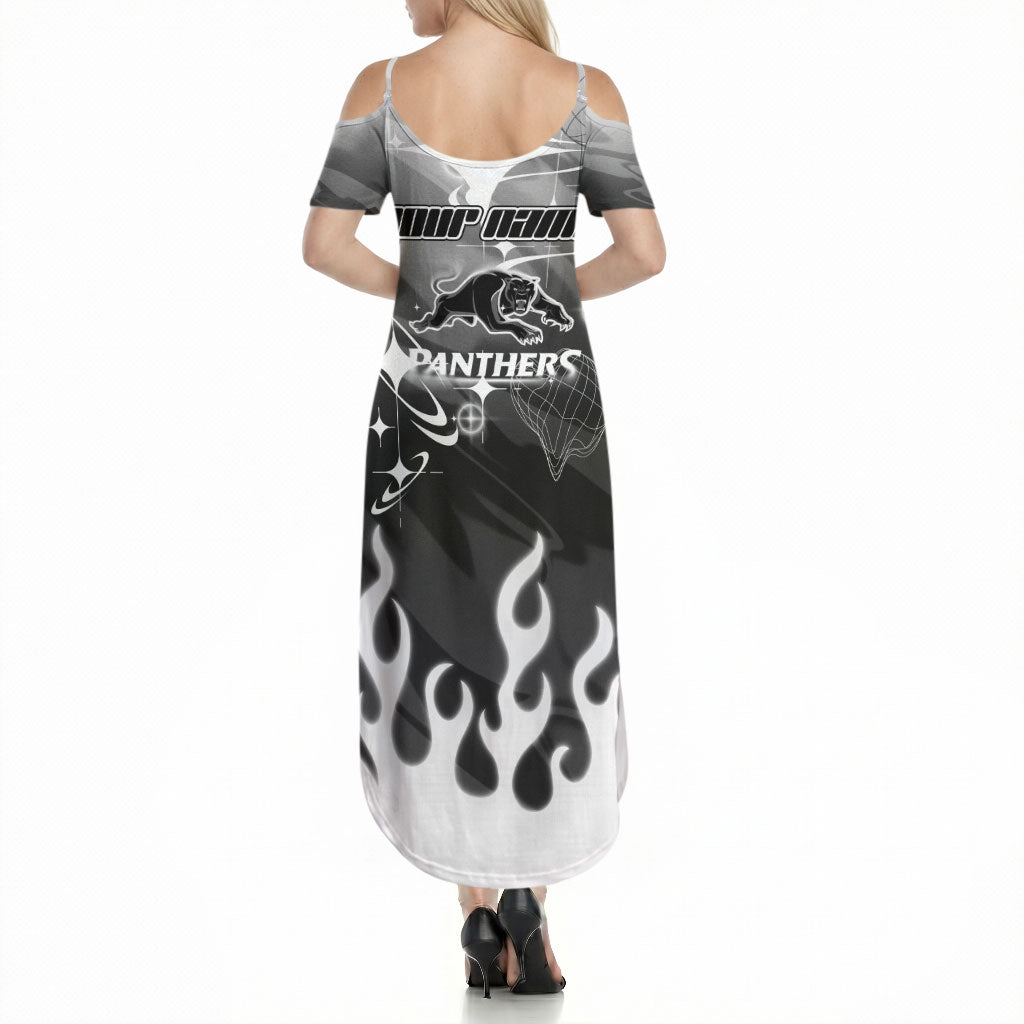 Personalized Penrith Panthers Summer Maxi Dress Y2K Grunge Aesthetic With Cyber Flames and Starburst Graphics