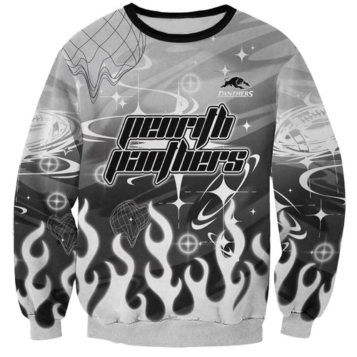 Personalized Penrith Panthers Sweatshirt Y2K Grunge Aesthetic With Cyber Flames and Starburst Graphics