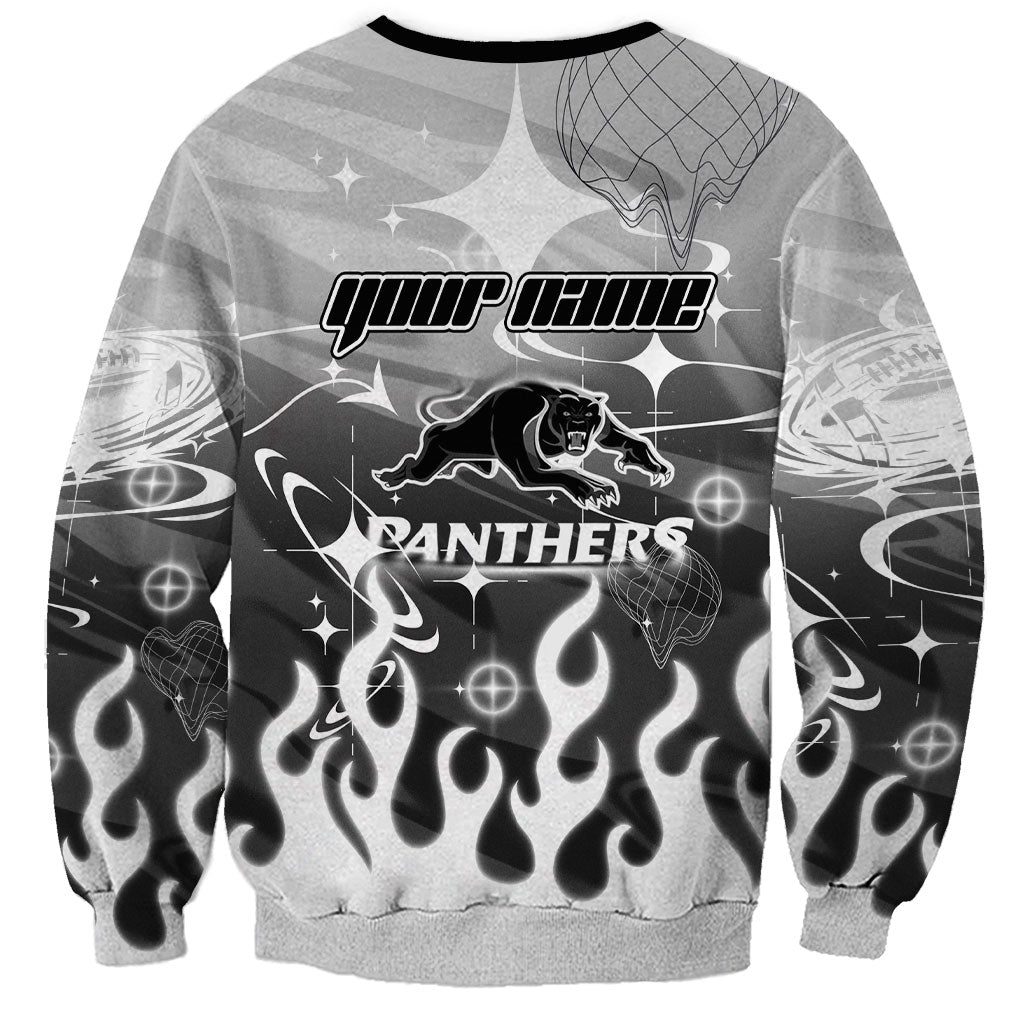 Personalized Penrith Panthers Sweatshirt Y2K Grunge Aesthetic With Cyber Flames and Starburst Graphics