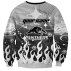 Personalized Penrith Panthers Sweatshirt Y2K Grunge Aesthetic With Cyber Flames and Starburst Graphics