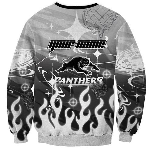 Personalized Penrith Panthers Sweatshirt Y2K Grunge Aesthetic With Cyber Flames and Starburst Graphics