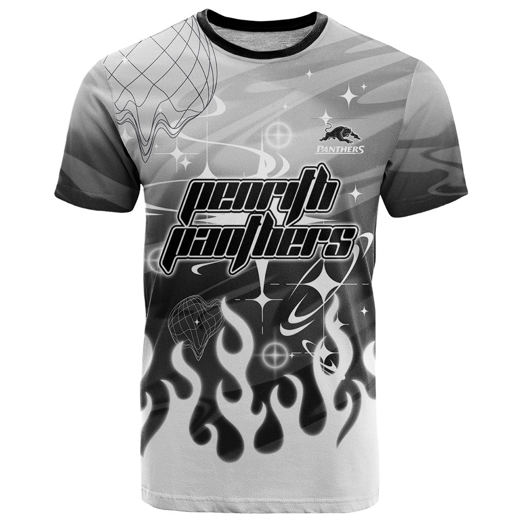 Personalized Penrith Panthers T Shirt Y2K Grunge Aesthetic With Cyber Flames and Starburst Graphics