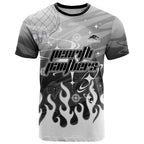 Personalized Penrith Panthers T Shirt Y2K Grunge Aesthetic With Cyber Flames and Starburst Graphics