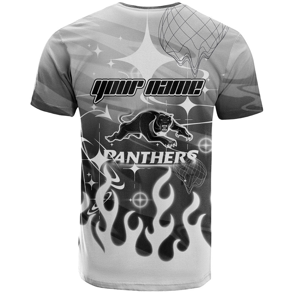 Personalized Penrith Panthers T Shirt Y2K Grunge Aesthetic With Cyber Flames and Starburst Graphics