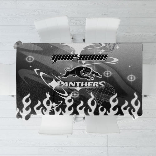 Personalized Penrith Panthers Tablecloth Y2K Grunge Aesthetic With Cyber Flames and Starburst Graphics