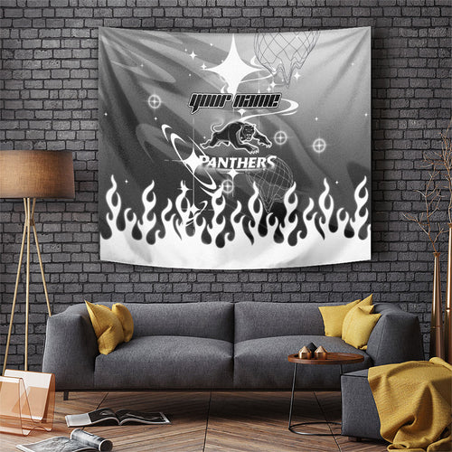 Personalized Penrith Panthers Tapestry Y2K Grunge Aesthetic With Cyber Flames and Starburst Graphics