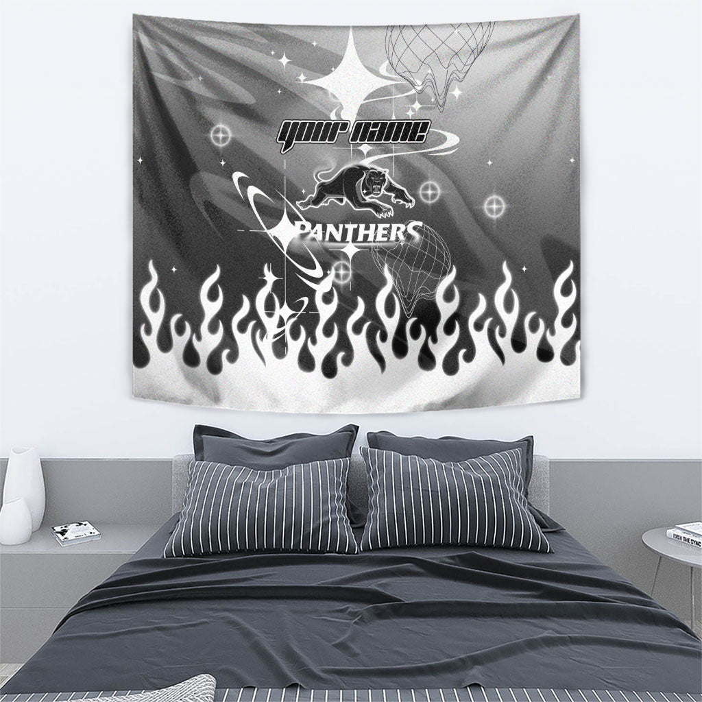 Personalized Penrith Panthers Tapestry Y2K Grunge Aesthetic With Cyber Flames and Starburst Graphics