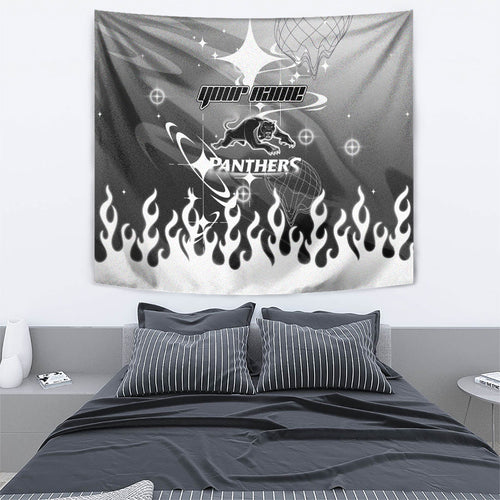 Personalized Penrith Panthers Tapestry Y2K Grunge Aesthetic With Cyber Flames and Starburst Graphics