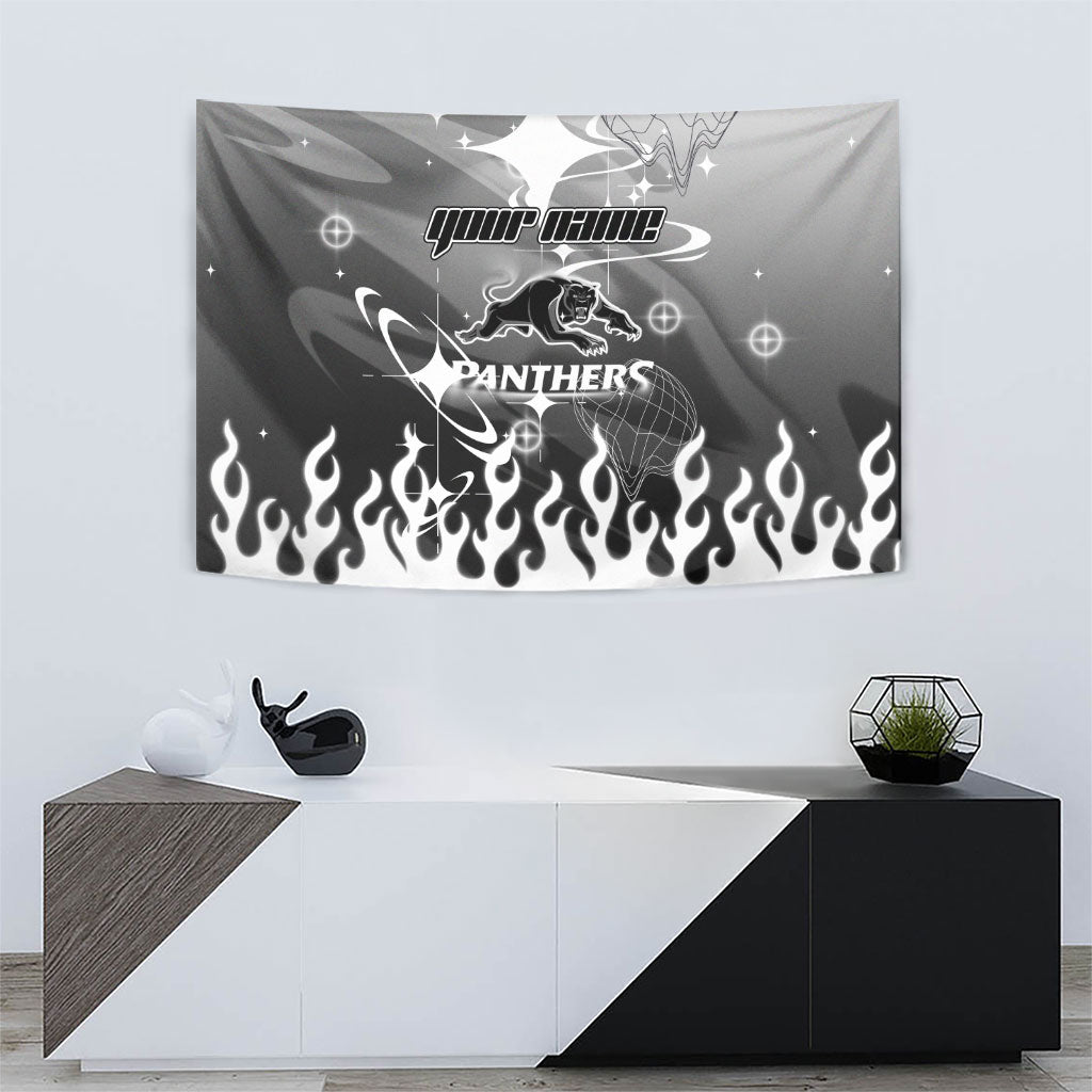 Personalized Penrith Panthers Tapestry Y2K Grunge Aesthetic With Cyber Flames and Starburst Graphics