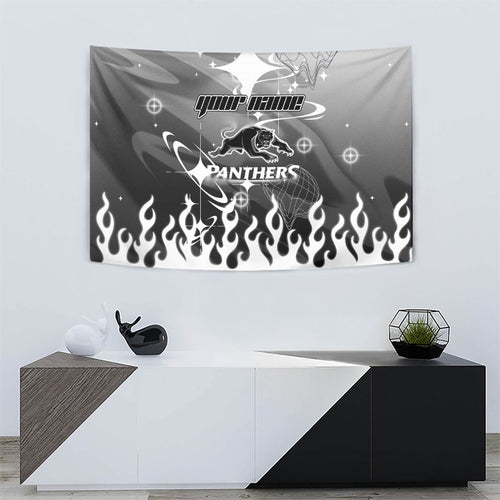 Personalized Penrith Panthers Tapestry Y2K Grunge Aesthetic With Cyber Flames and Starburst Graphics
