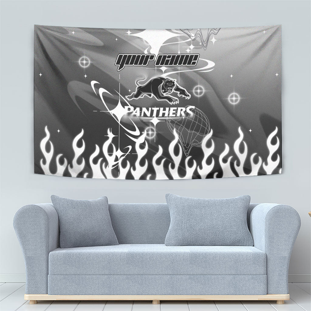 Personalized Penrith Panthers Tapestry Y2K Grunge Aesthetic With Cyber Flames and Starburst Graphics