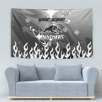 Personalized Penrith Panthers Tapestry Y2K Grunge Aesthetic With Cyber Flames and Starburst Graphics