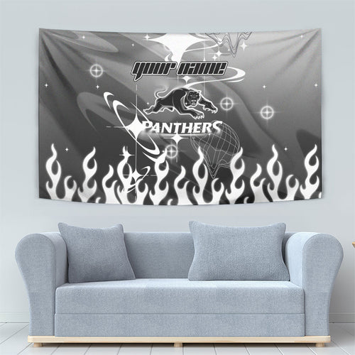 Personalized Penrith Panthers Tapestry Y2K Grunge Aesthetic With Cyber Flames and Starburst Graphics