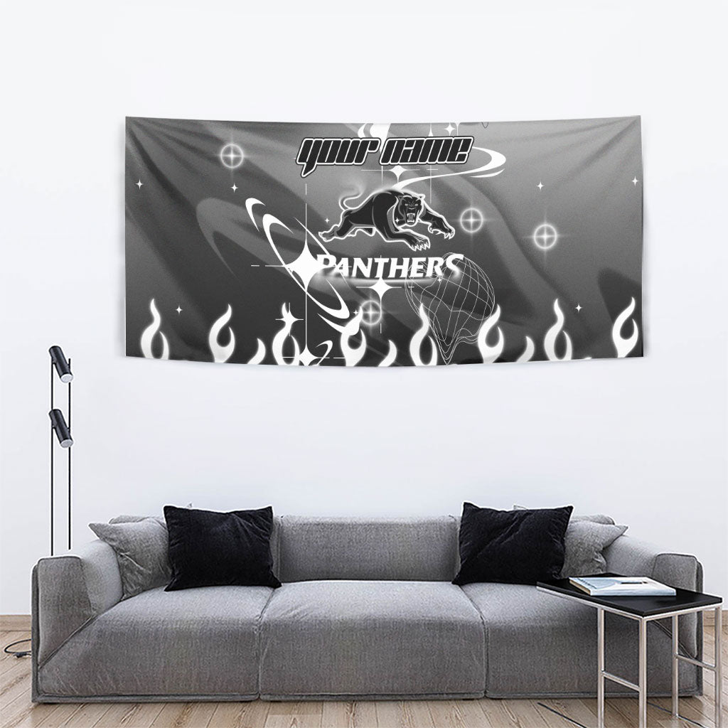 Personalized Penrith Panthers Tapestry Y2K Grunge Aesthetic With Cyber Flames and Starburst Graphics