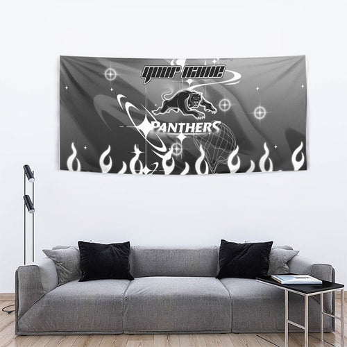 Personalized Penrith Panthers Tapestry Y2K Grunge Aesthetic With Cyber Flames and Starburst Graphics
