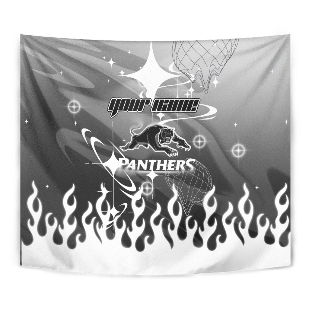 Personalized Penrith Panthers Tapestry Y2K Grunge Aesthetic With Cyber Flames and Starburst Graphics