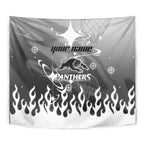 Personalized Penrith Panthers Tapestry Y2K Grunge Aesthetic With Cyber Flames and Starburst Graphics