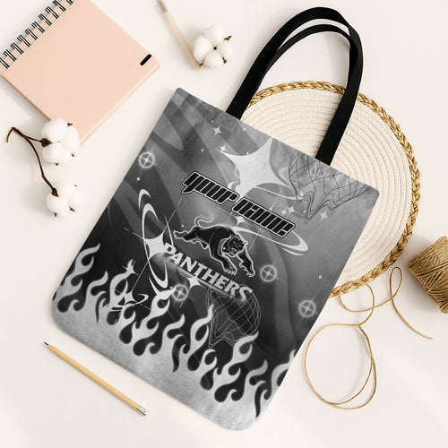 Personalized Penrith Panthers Tote Bag Y2K Grunge Aesthetic With Cyber Flames and Starburst Graphics