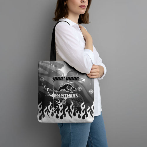 Personalized Penrith Panthers Tote Bag Y2K Grunge Aesthetic With Cyber Flames and Starburst Graphics