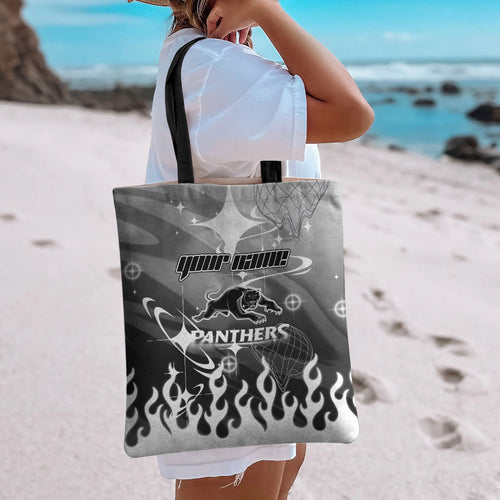 Personalized Penrith Panthers Tote Bag Y2K Grunge Aesthetic With Cyber Flames and Starburst Graphics