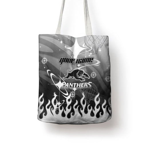 Personalized Penrith Panthers Tote Bag Y2K Grunge Aesthetic With Cyber Flames and Starburst Graphics