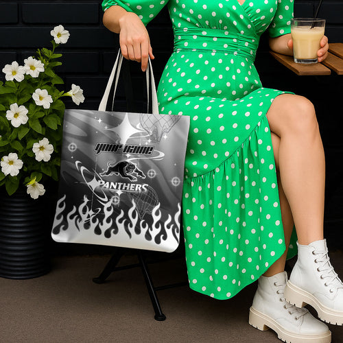 Personalized Penrith Panthers Tote Bag Y2K Grunge Aesthetic With Cyber Flames and Starburst Graphics