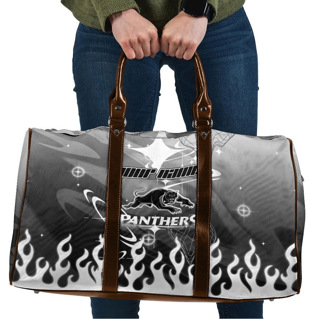 Personalized Penrith Panthers Travel Bag Y2K Grunge Aesthetic With Cyber Flames and Starburst Graphics