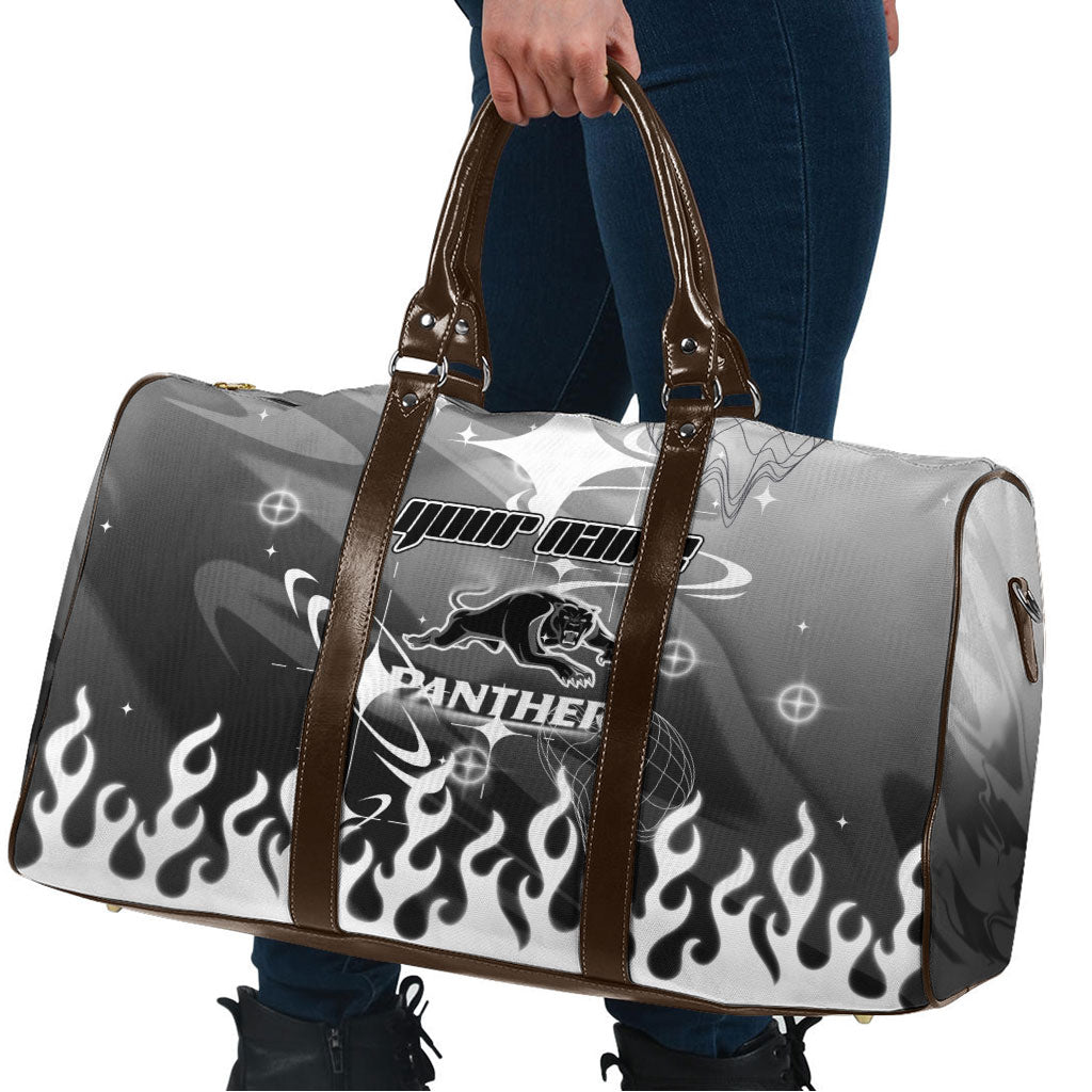 Personalized Penrith Panthers Travel Bag Y2K Grunge Aesthetic With Cyber Flames and Starburst Graphics
