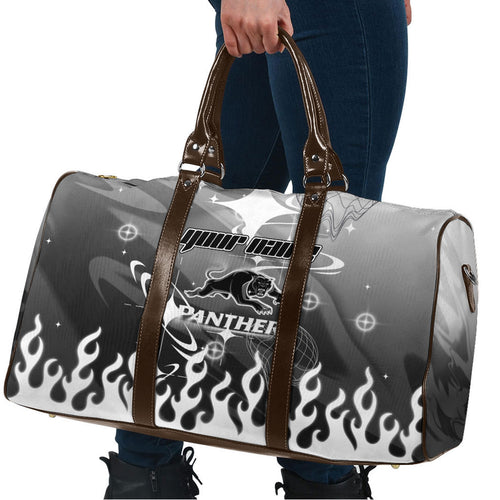 Personalized Penrith Panthers Travel Bag Y2K Grunge Aesthetic With Cyber Flames and Starburst Graphics