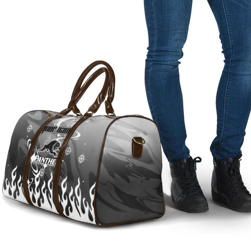 Personalized Penrith Panthers Travel Bag Y2K Grunge Aesthetic With Cyber Flames and Starburst Graphics