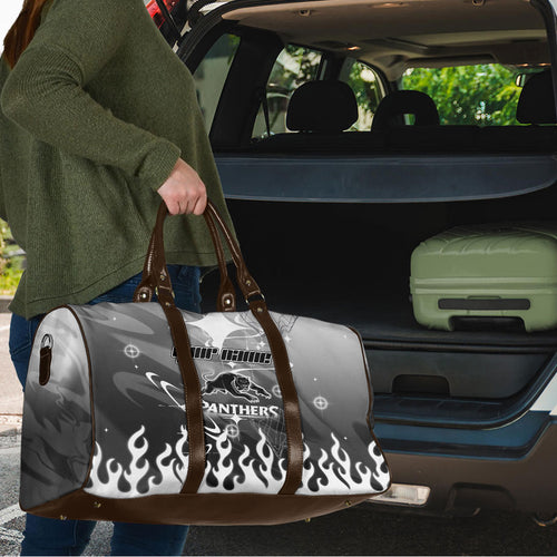 Personalized Penrith Panthers Travel Bag Y2K Grunge Aesthetic With Cyber Flames and Starburst Graphics