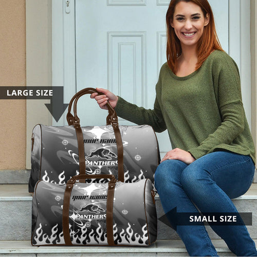 Personalized Penrith Panthers Travel Bag Y2K Grunge Aesthetic With Cyber Flames and Starburst Graphics