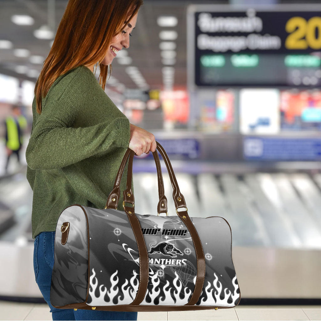 Personalized Penrith Panthers Travel Bag Y2K Grunge Aesthetic With Cyber Flames and Starburst Graphics