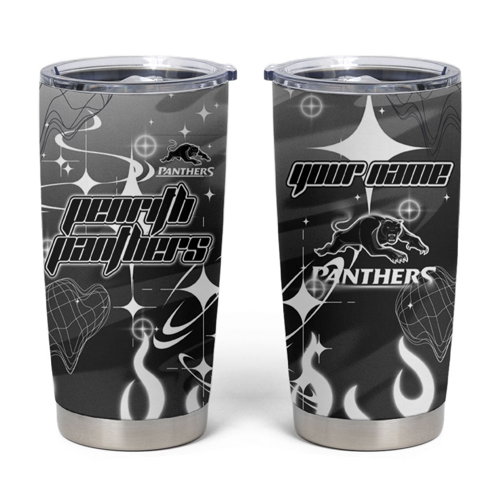 Personalized Penrith Panthers Tumbler Cup Y2K Grunge Aesthetic With Cyber Flames and Starburst Graphics