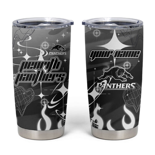 Personalized Penrith Panthers Tumbler Cup Y2K Grunge Aesthetic With Cyber Flames and Starburst Graphics