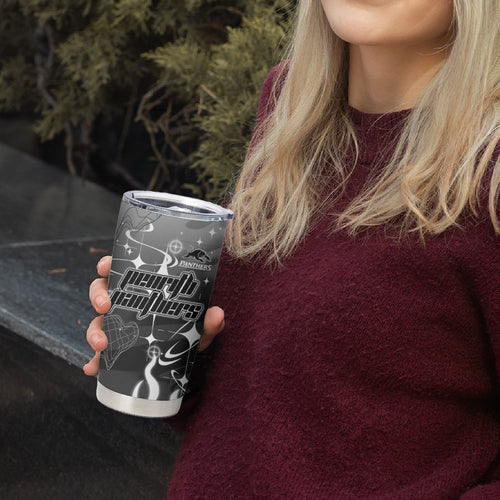 Personalized Penrith Panthers Tumbler Cup Y2K Grunge Aesthetic With Cyber Flames and Starburst Graphics