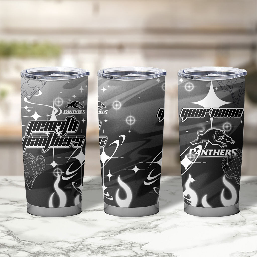Personalized Penrith Panthers Tumbler Cup Y2K Grunge Aesthetic With Cyber Flames and Starburst Graphics