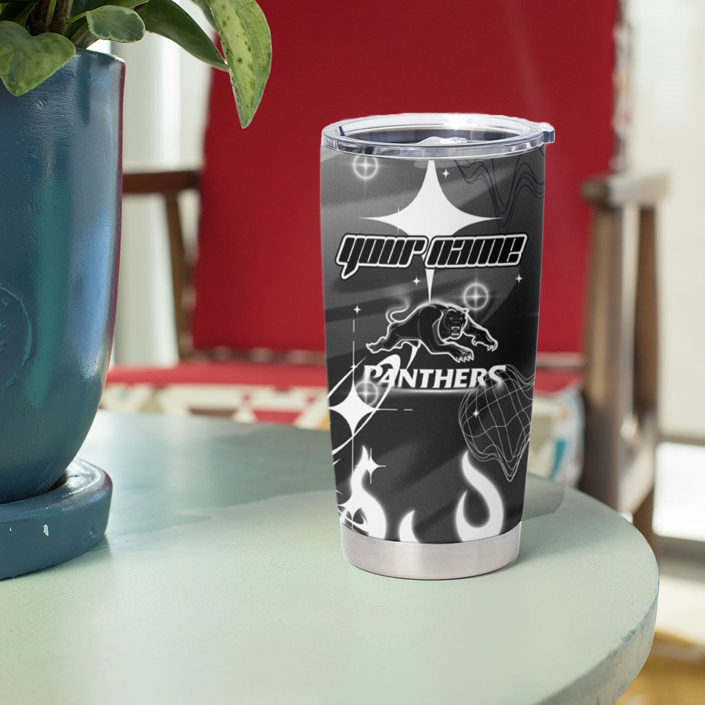 Personalized Penrith Panthers Tumbler Cup Y2K Grunge Aesthetic With Cyber Flames and Starburst Graphics