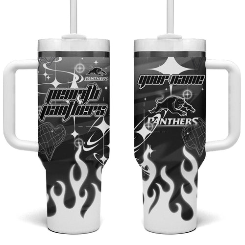 Personalized Penrith Panthers Tumbler With Handle Y2K Grunge Aesthetic With Cyber Flames and Starburst Graphics