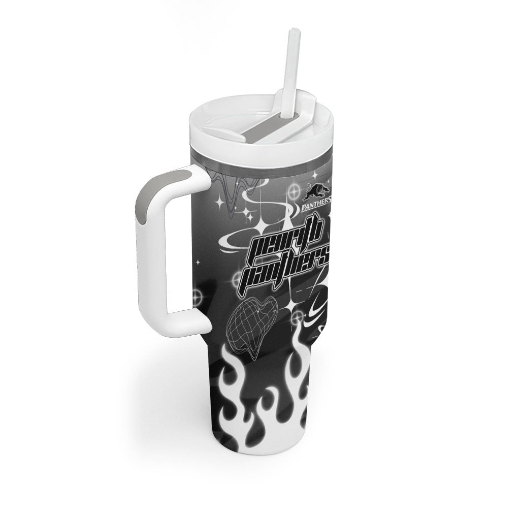 Personalized Penrith Panthers Tumbler With Handle Y2K Grunge Aesthetic With Cyber Flames and Starburst Graphics