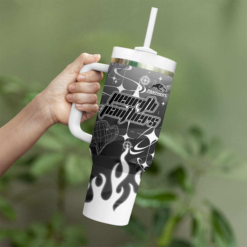 Personalized Penrith Panthers Tumbler With Handle Y2K Grunge Aesthetic With Cyber Flames and Starburst Graphics