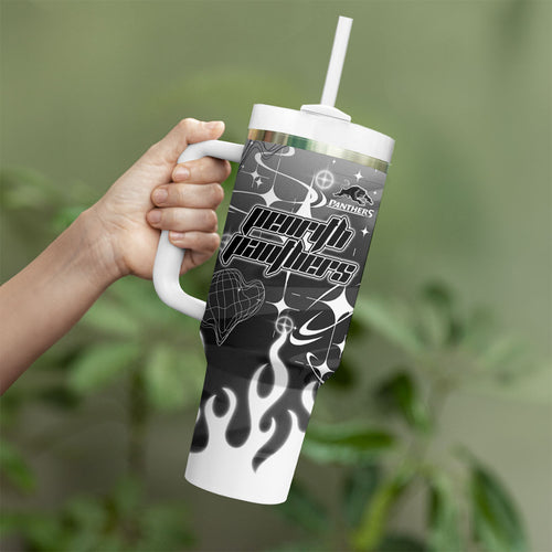 Personalized Penrith Panthers Tumbler With Handle Y2K Grunge Aesthetic With Cyber Flames and Starburst Graphics