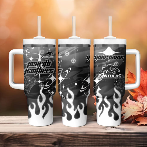 Personalized Penrith Panthers Tumbler With Handle Y2K Grunge Aesthetic With Cyber Flames and Starburst Graphics