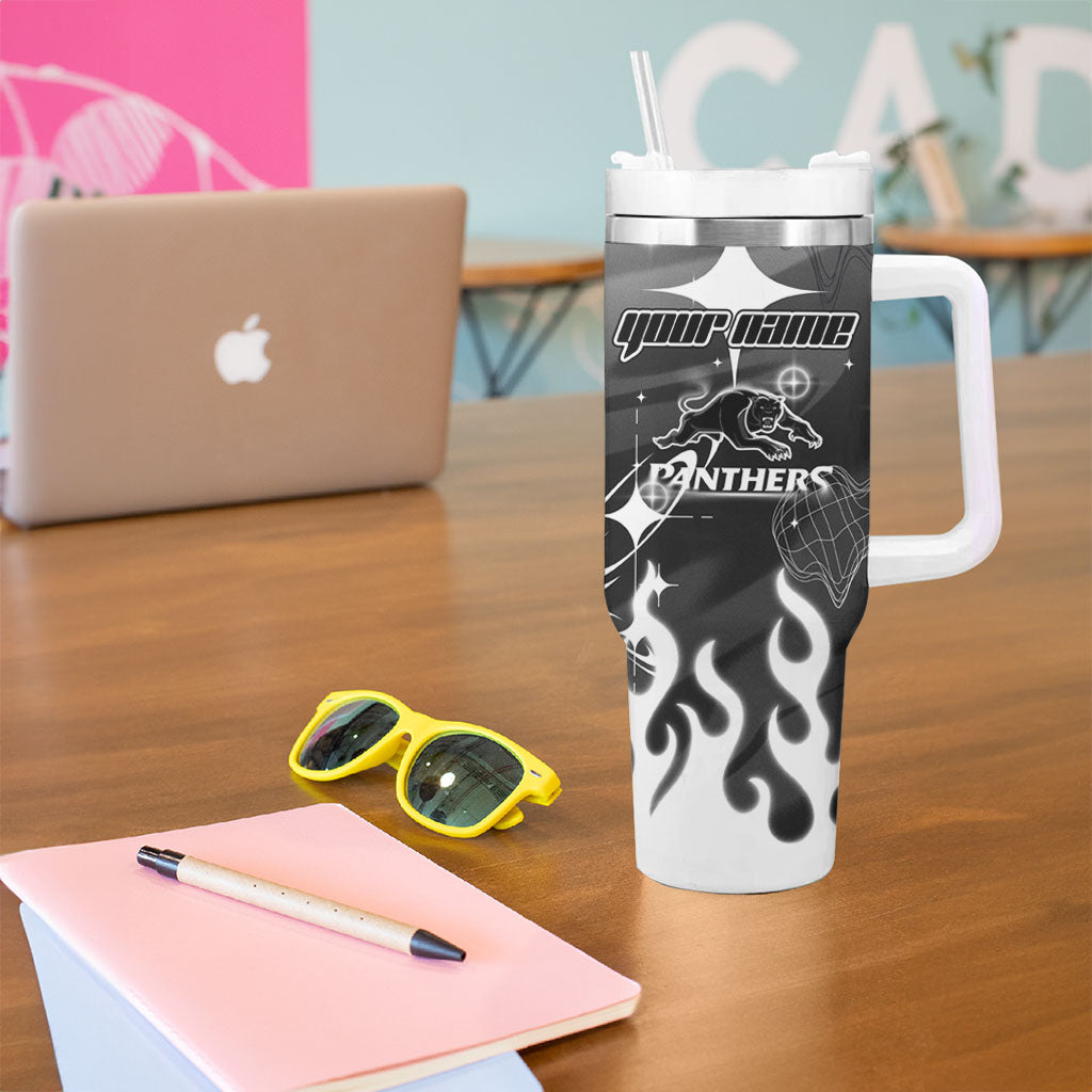 Personalized Penrith Panthers Tumbler With Handle Y2K Grunge Aesthetic With Cyber Flames and Starburst Graphics