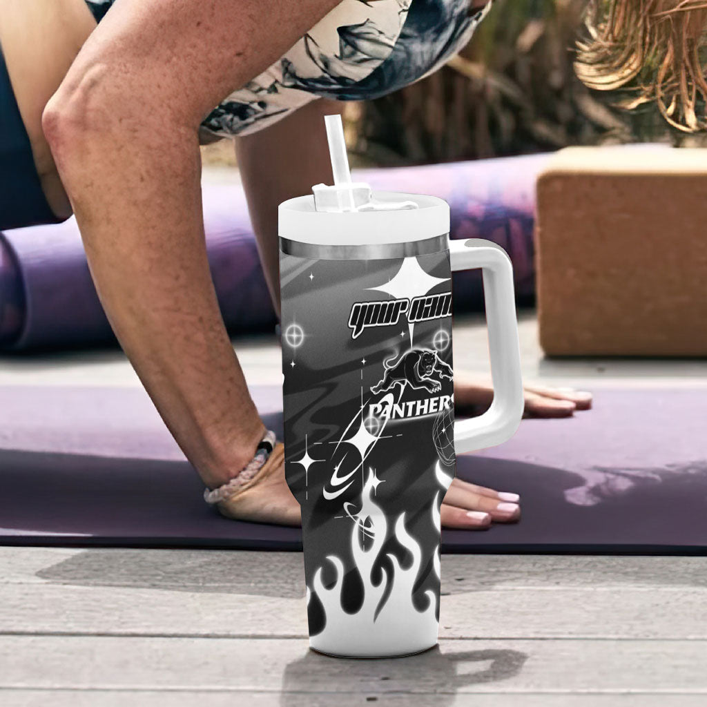 Personalized Penrith Panthers Tumbler With Handle Y2K Grunge Aesthetic With Cyber Flames and Starburst Graphics