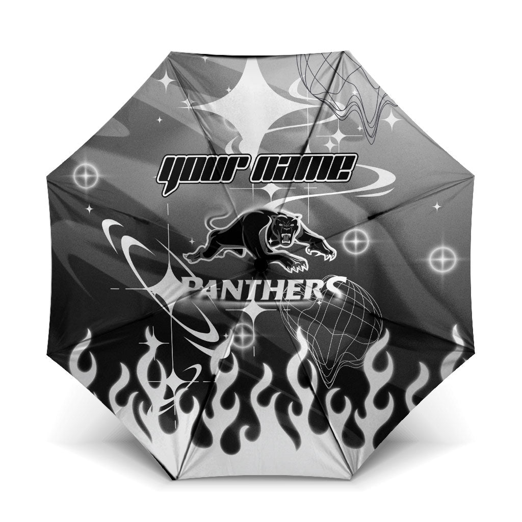 Personalized Penrith Panthers Umbrella Y2K Grunge Aesthetic With Cyber Flames and Starburst Graphics