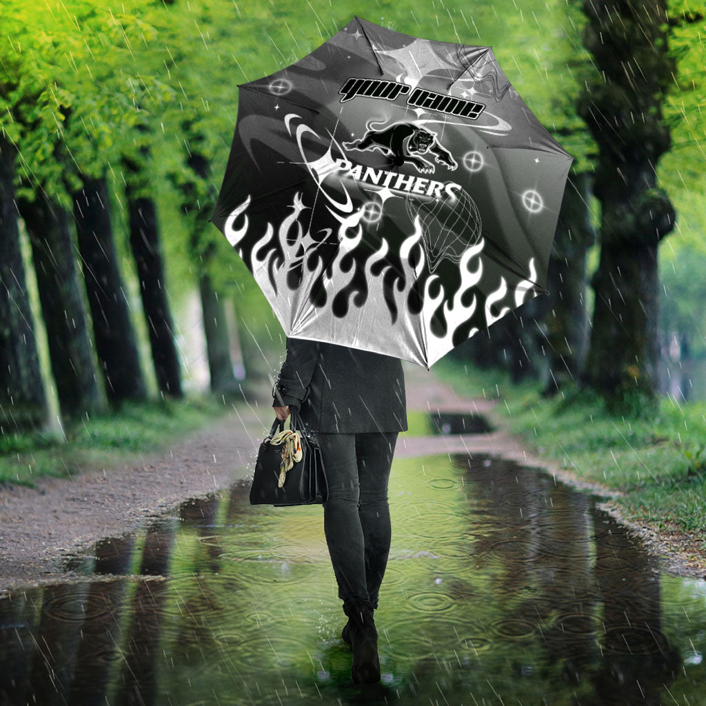 Personalized Penrith Panthers Umbrella Y2K Grunge Aesthetic With Cyber Flames and Starburst Graphics