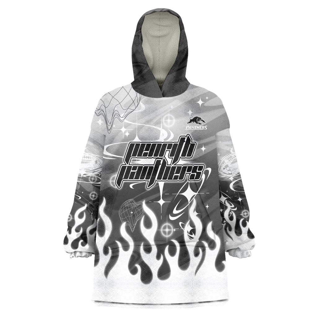 Personalized Penrith Panthers Wearable Blanket Hoodie Y2K Grunge Aesthetic With Cyber Flames and Starburst Graphics