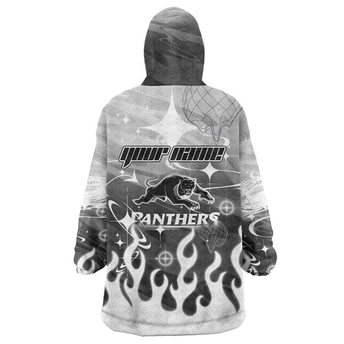 Personalized Penrith Panthers Wearable Blanket Hoodie Y2K Grunge Aesthetic With Cyber Flames and Starburst Graphics