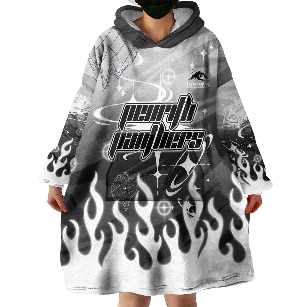 Personalized Penrith Panthers Wearable Blanket Hoodie Y2K Grunge Aesthetic With Cyber Flames and Starburst Graphics